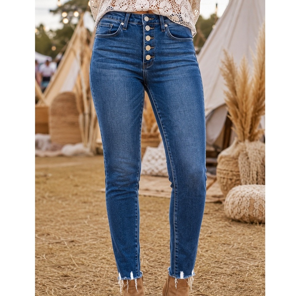 Just Black Denim High Rise Button Fly Skinny Jeans Blue Raw Hem Size 26 Ankle